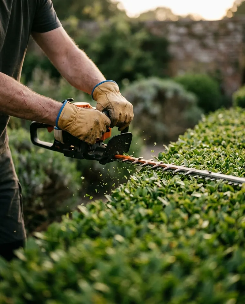 Hedge being trimmed into a straight line