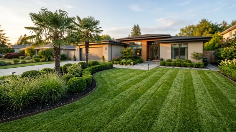 Front yard with striped lawn and curved beds