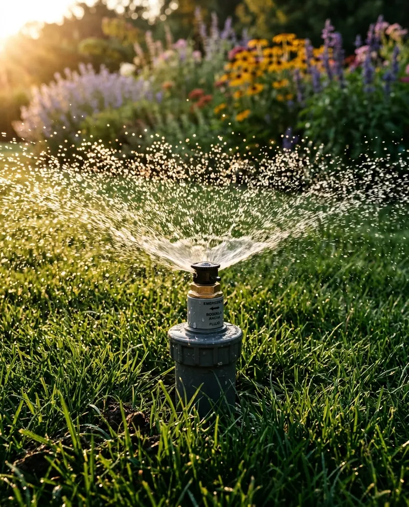 Sprinkler spraying water over a green lawn at golden hour