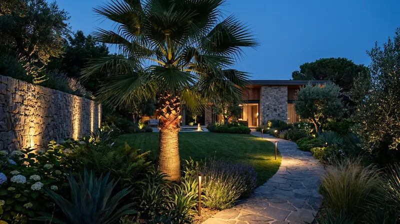 Garden with warm landscape lighting at dusk
