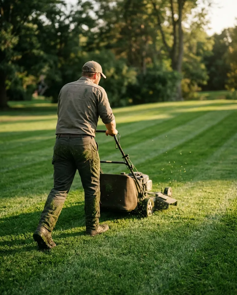 Landscaper mowing a lawn in clean stripes