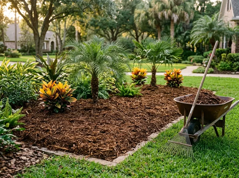 Fresh mulch bed around palms and shrubs with a wheelbarrow