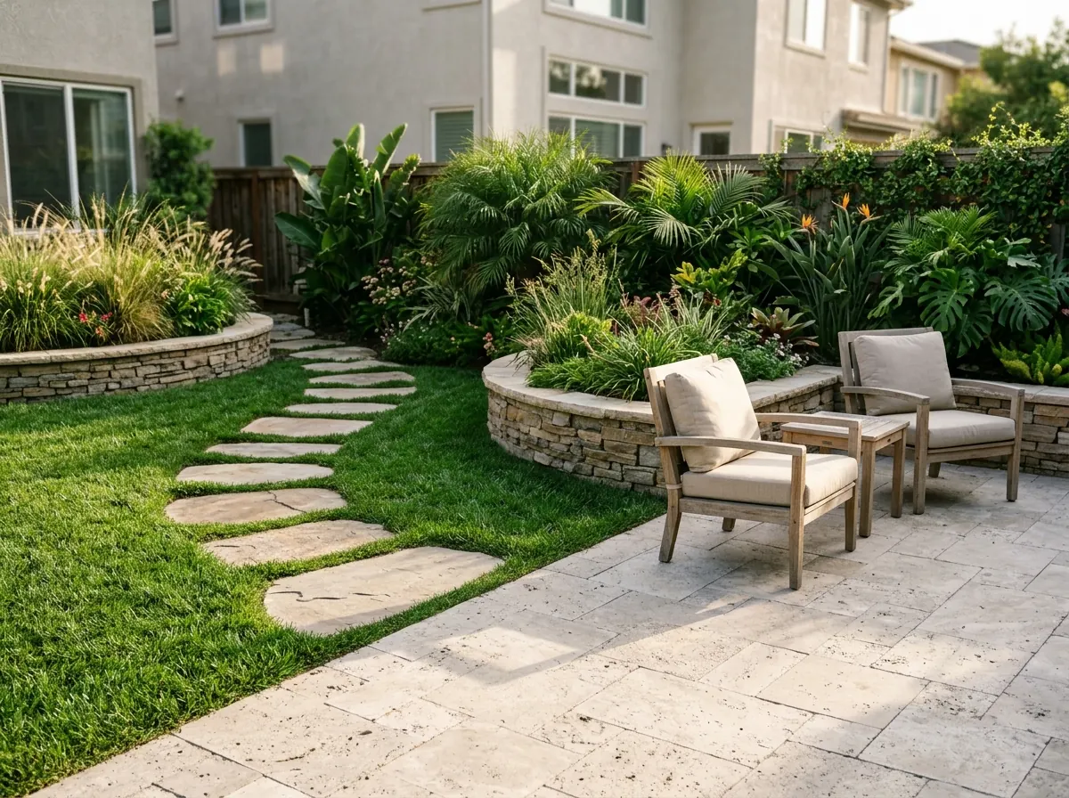 Travertine patio with stepping-stone path and outdoor chairs