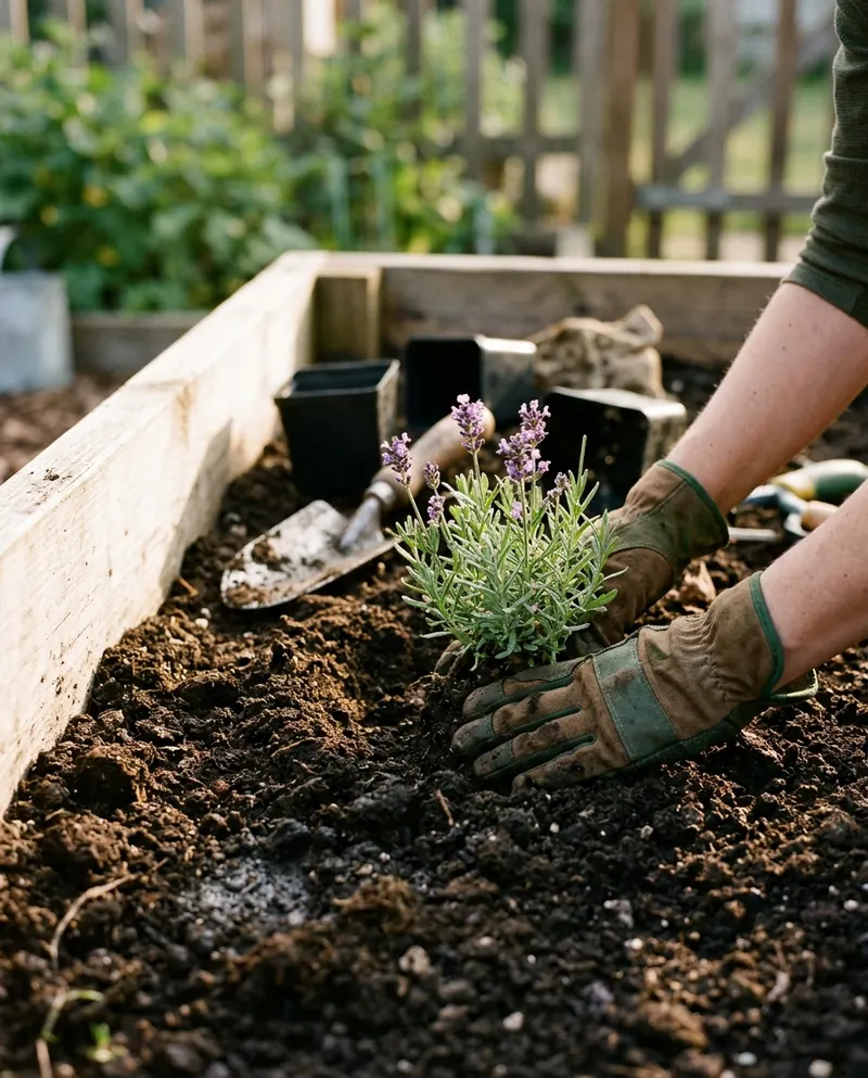 Gloved hands planting a young shrub in fresh soil
